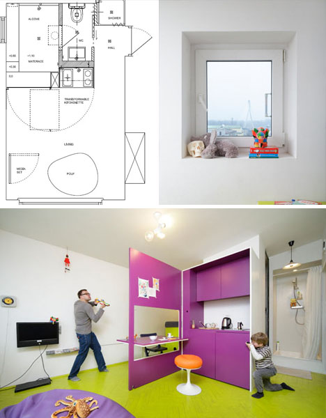 small apartments plans. a tiny two-seater table at