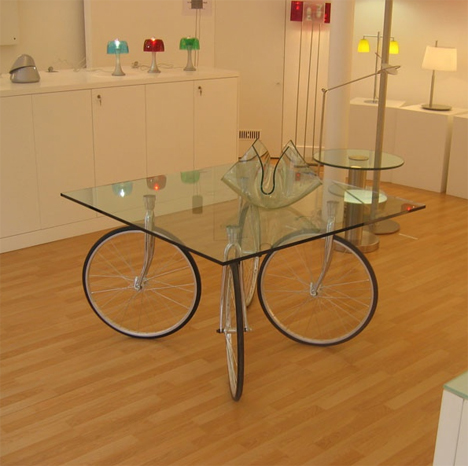 bicycle wheeled glass table