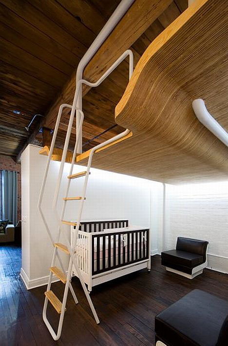 loft curved wooden bed