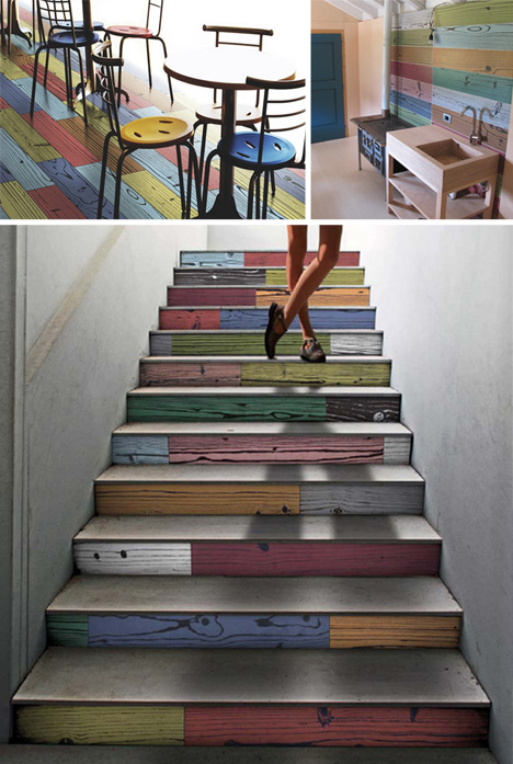 colorful stairs floors walls
