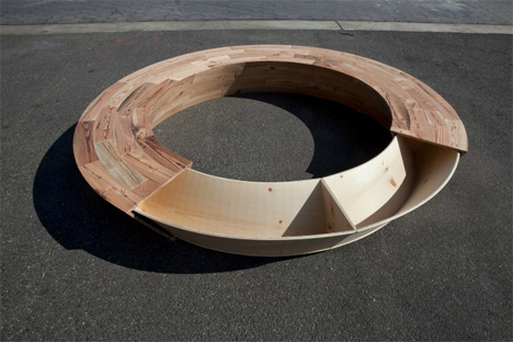 salvaged wood circular storage bench