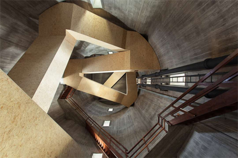 winding wooden stairs inside water tower